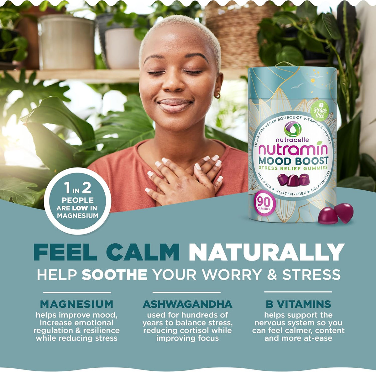 NUTRAMIN Mood Boost Multivitamin Gummy - Anti-Stress Magnesium Ashwagandha + B Complex - Sugar-Free, Vegan, Gluten-Free (90 Count) - görsel 2