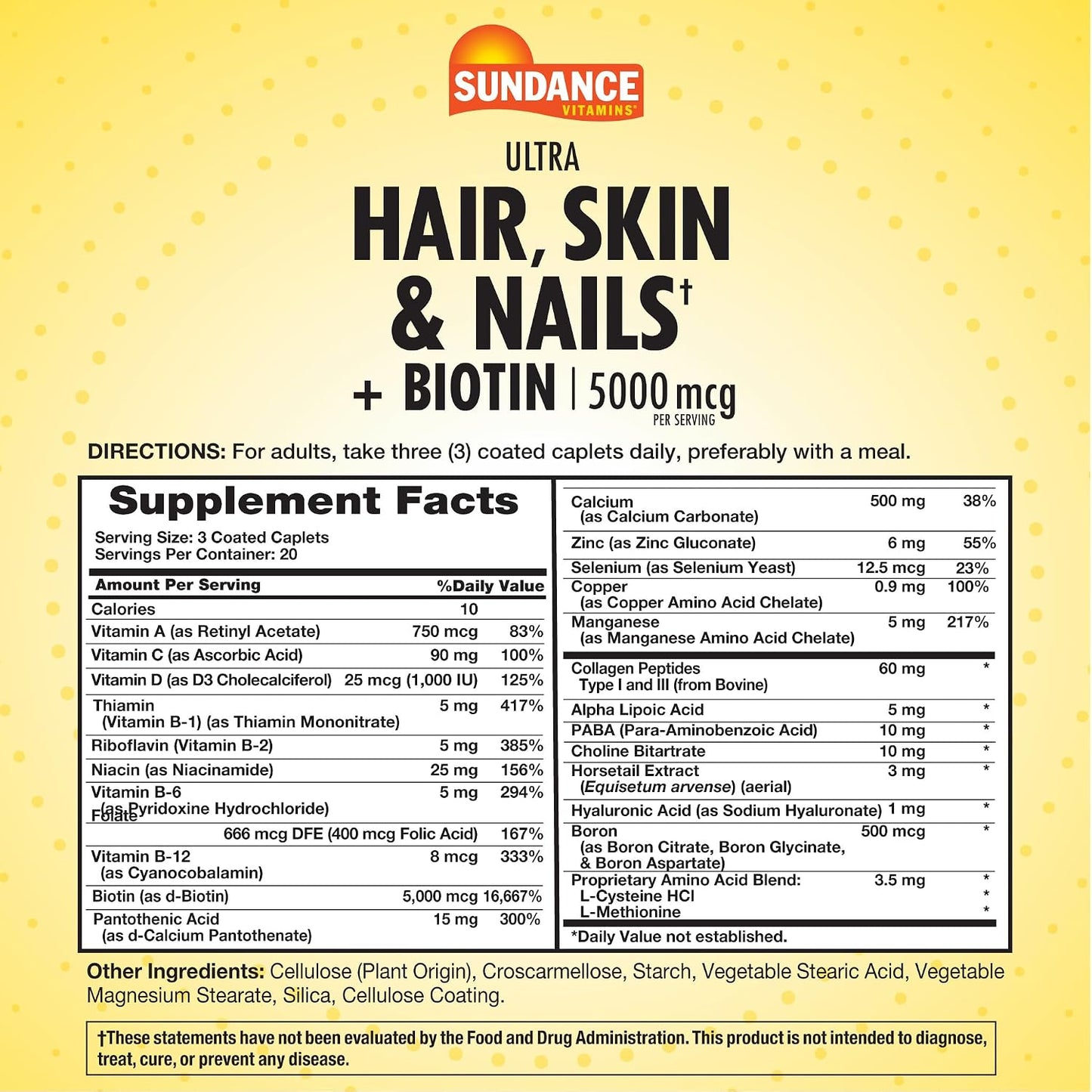 Sundance Hair, Skin & Nails Vitamins | 5000mcg Biotin + Collagen | 60 Coated Tablets | Non-GM & Gluten-free - görsel 2