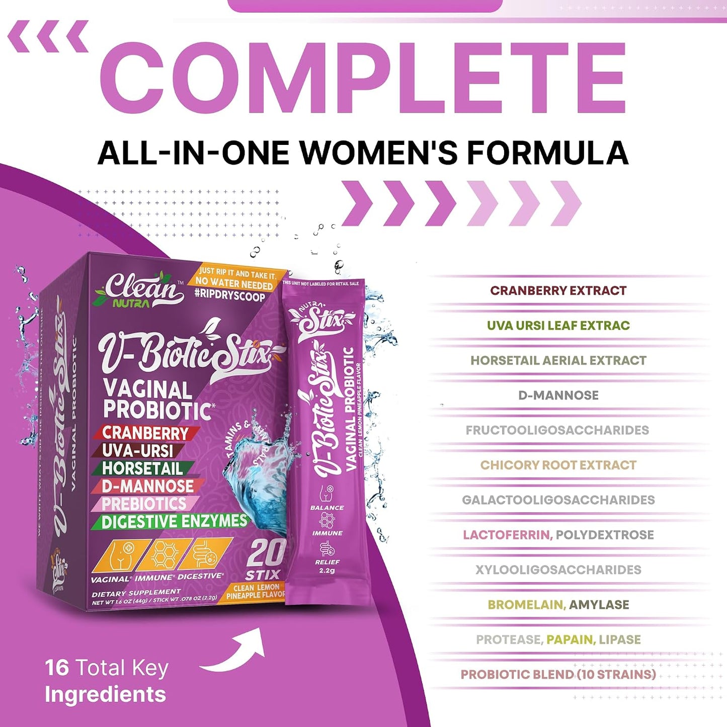 Clean Nutraceuticals Vaginal Probiotics for Women with Cranberry Extract, D-Mannose, Prebiotics – pH Balance Support, 20 Stix - görsel 2
