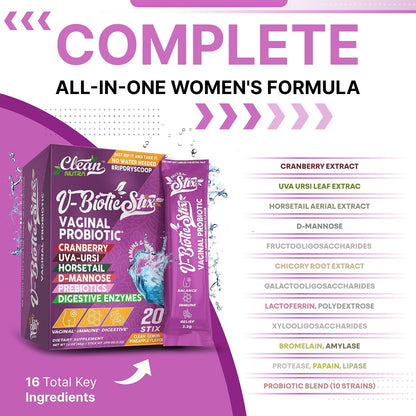 Clean Nutraceuticals Vaginal Probiotics for Women with Cranberry Extract, D-Mannose, Prebiotics – pH Balance Support, 20 Stix