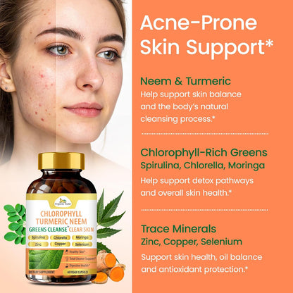 Organic Veda Chlorophyll Turmeric Neem Clear Skin Supplement - Greens Cleanse for Clear Skin, Zinc with Copper Women's Beauty Supplement - Chlorophyll Capsules for Gut and Liver Support, 60 Capsules
