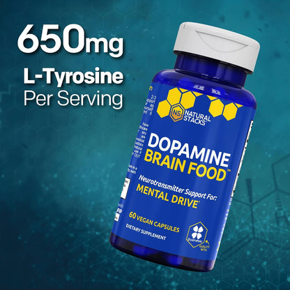 Natural Stacks Dopamine Brain Food – 650mg L-Tyrosine Supplement for Focus and Mental Drive – 60 Capsules