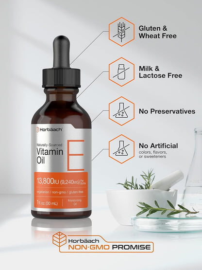 Horbäach Vitamin E Oil | 13,800 IU | 30 ml | for Face and Skin | Naturally Sourced Liquid Supplement | Vegetarian, Non-GM and Gluten-Free Formula