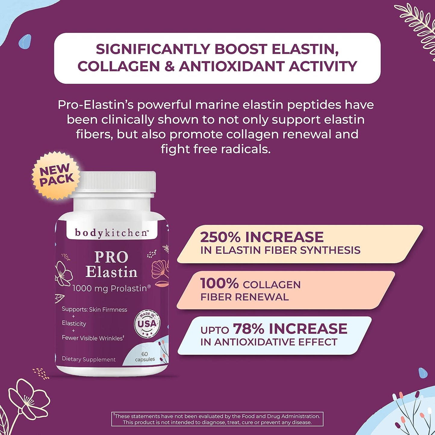 Body Kitchen Pro Elastin Peptides 1000mg – Marine-derived from France – Skin Firmness & Elasticity – 60 Capsules (Pack of 3) - görsel 4