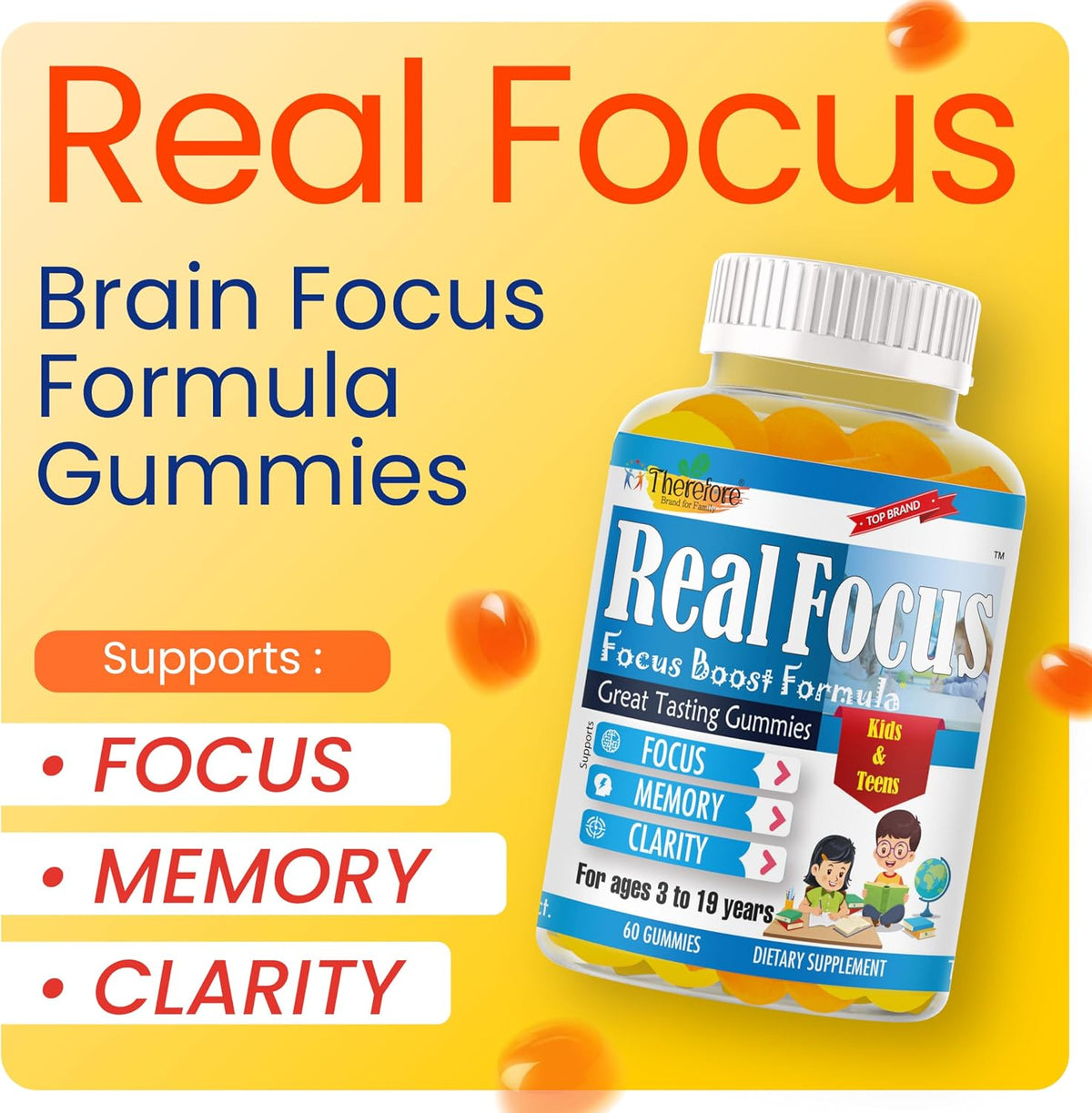 Real Focus Omega 3 for Kids – DHA Gummies for Attention, Memory & Concentration, Orange Flavour, Non-GMO (60 Count) - görsel 2