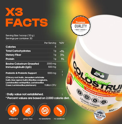 Cure24 Bovine Colostrum X3 Powder - Grass Fed, High IgG, Probiotic & Prebiotic, Unflavoured