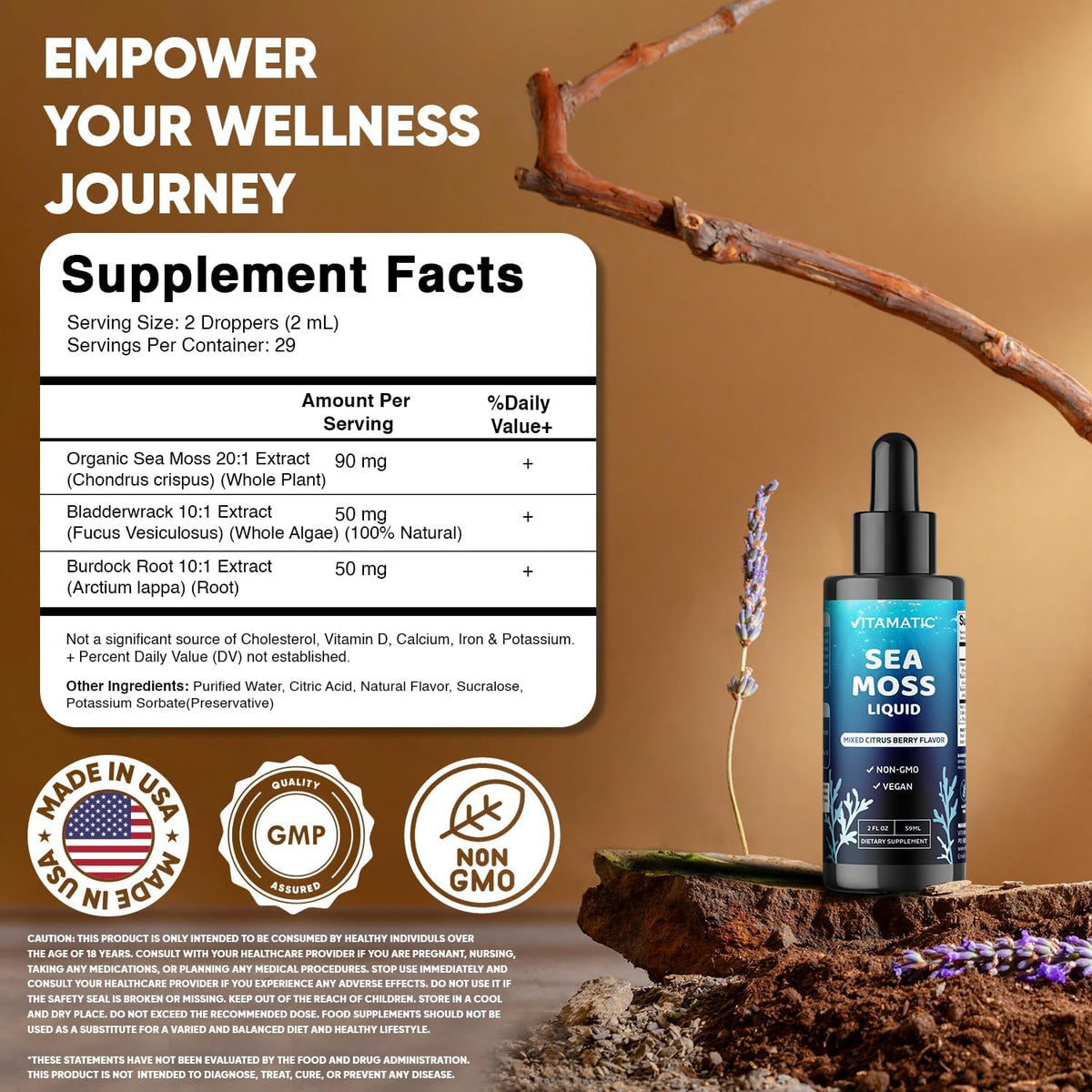 Vitamatic Liquid Organic Irish Sea Moss - Made with Bladderwrack & Burdock Root - 2800 mg per Serving - 60 ml - Sea Moss Supplement for Thyroid, Energy, Immune Support - görsel 2