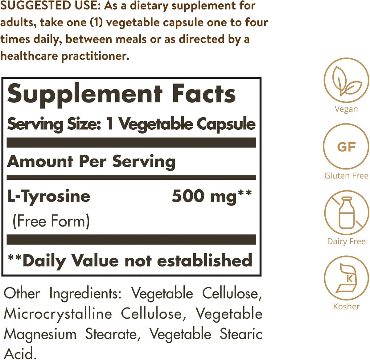 Solgar L-Tyrosine 500 mg, 100 Vegetable Capsules - görsel 2
