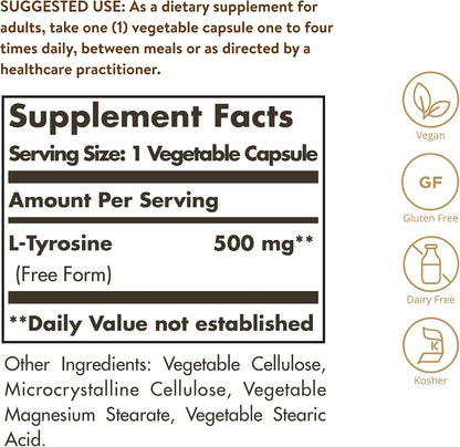 Solgar L-Tyrosine 500 mg, 100 Vegetable Capsules