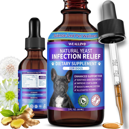WEALLIN Natural Yeast Infection Treatment for Dogs - Probiotic-Powered Drops with 8-Herbal Blend, Bacon-Flavoured Oral Supplement for Skin, Ears, and Allergy Relief