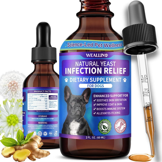 WEALLIN Natural Yeast Infection Treatment for Dogs - Probiotic-Powered Drops with 8-Herbal Blend, Bacon-Flavoured Oral Supplement for Skin, Ears, and Allergy Relief