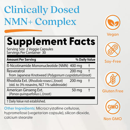 Doctor's Best NMN+ Complex Supplement - Supports NAD+ Production & Cellular Energy with Resveratrol, Rhodiola & Ginseng - 60 Veg Capsules