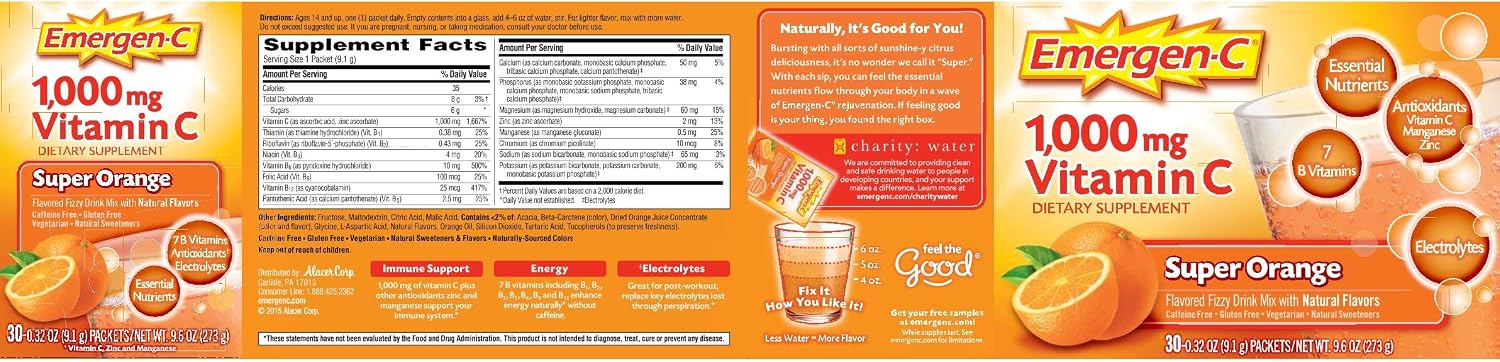 Emergen-C Vitamin C Fizzy Drink Mix, Super Orange, 1000 mg, 30 Sachets - görsel 2