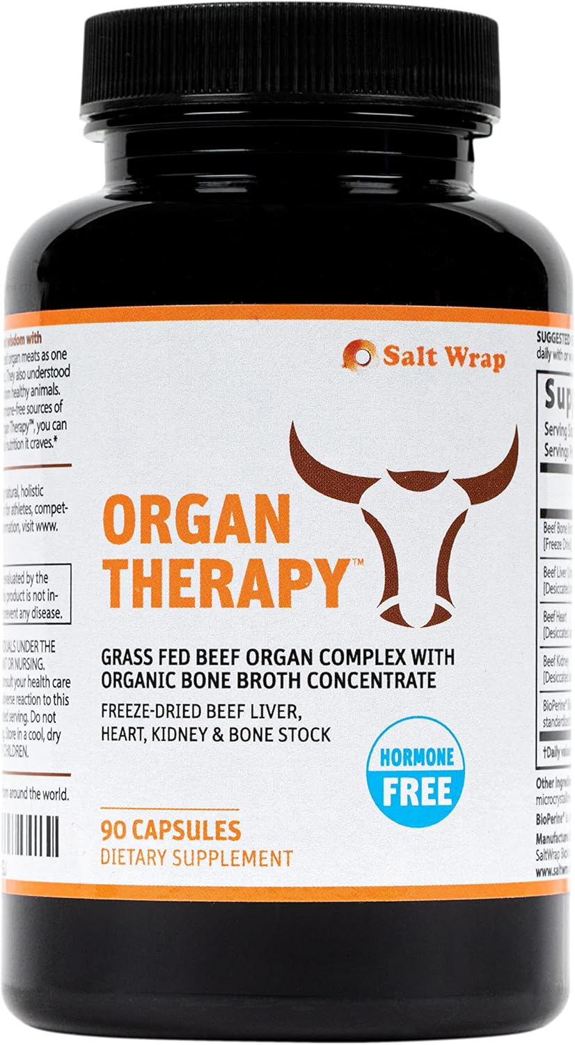 SaltWrap Organ Therapy - Grass Fed Beef Organ Meat Complex Supplement with Organic Bone Broth Concentrate (Beef Liver, Heart, Kidney and Bone Broth Capsules with BioPerine) Desiccated, 90 Capsules - görsel 1