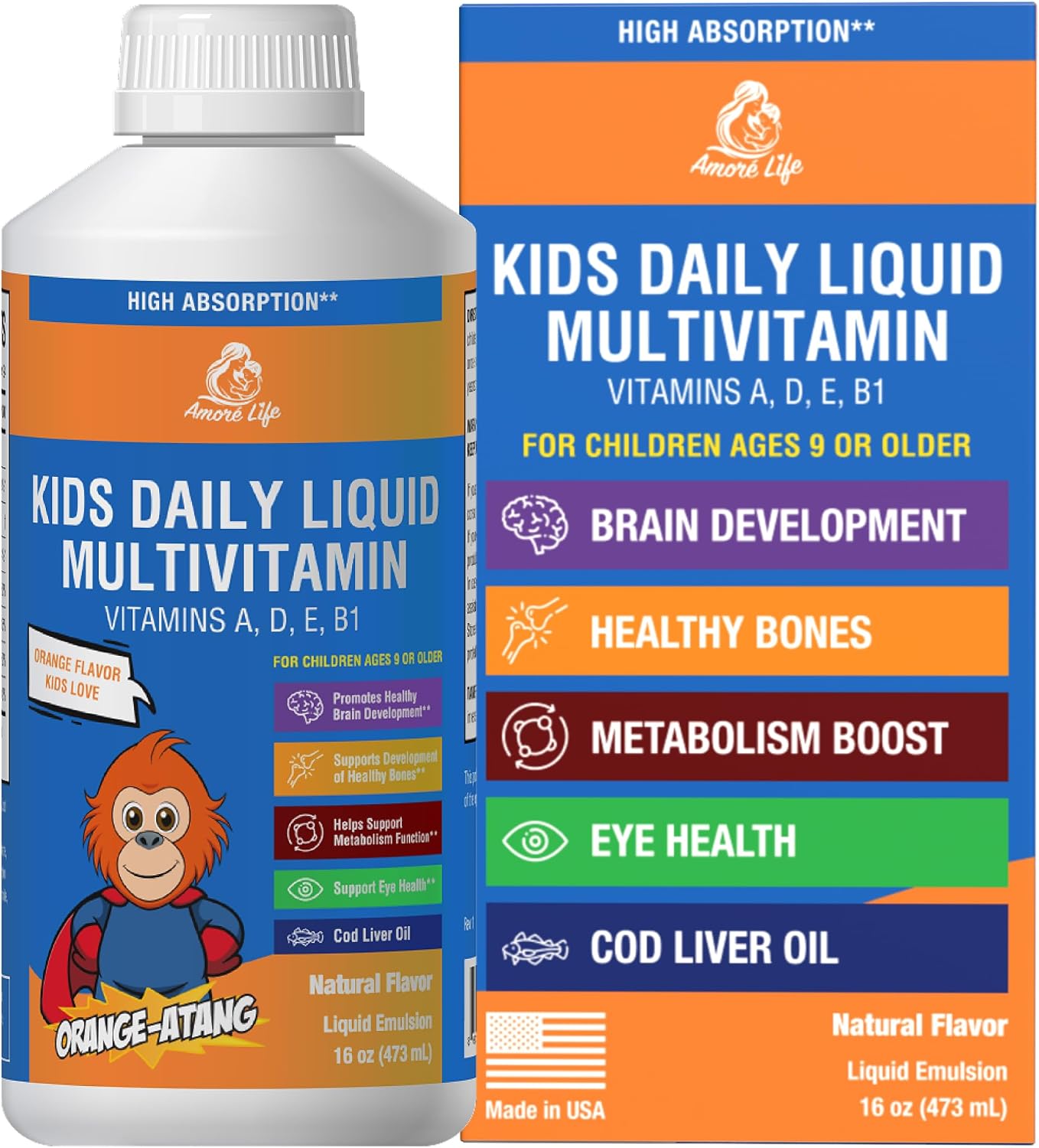 Amore Life Daily Liquid Multivitamin for Kids with Vitamins A, D, E, B1 & Cod Liver Oil, Orange, 473 ml - görsel 1