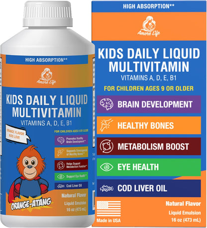Amore Life Daily Liquid Multivitamin for Kids with Vitamins A, D, E, B1 & Cod Liver Oil, Orange, 473 ml