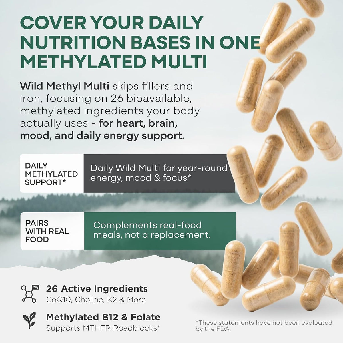 Wild Methylated Multivitamin for Women & Men – Daily Multi Vitamin with Methylated B12, Folate, CoQ10 & More (60 Capsules) - görsel 3