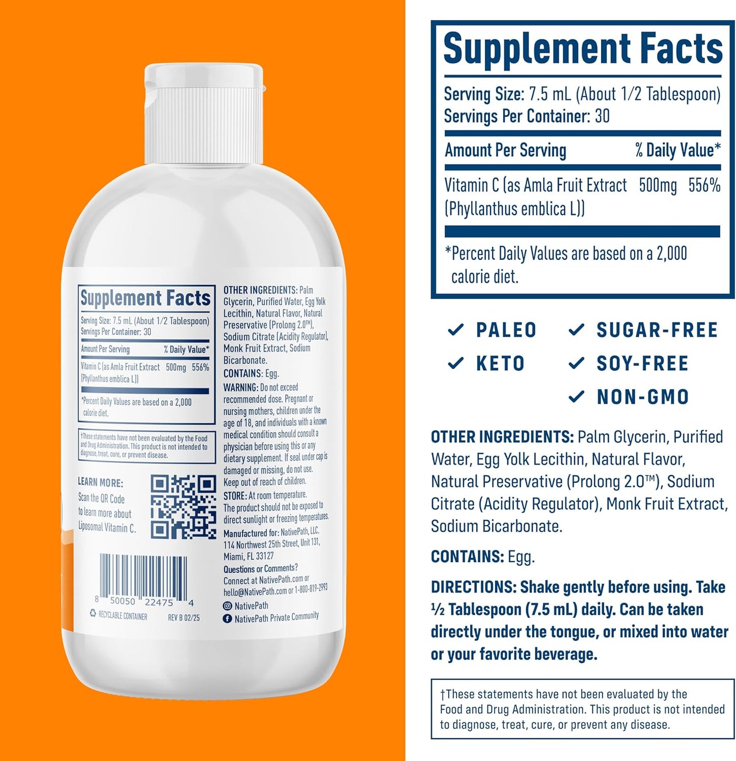 NativePath Liposomal Vitamin C 500mg from Whole-Food Amla Fruit - Soya-Free Egg Yolk Lecithin Liposomes - Orange Flavour Liquid for High Absorption Daily Immune & Collagen Support - 30 Servings - görsel 2