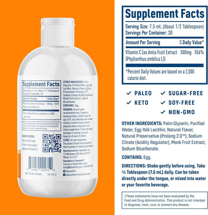 NativePath Liposomal Vitamin C 500mg from Whole-Food Amla Fruit - Soya-Free Egg Yolk Lecithin Liposomes - Orange Flavour Liquid for High Absorption Daily Immune & Collagen Support - 30 Servings