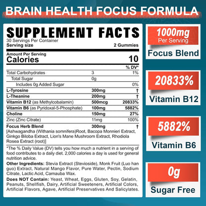NEVISS Sugar-Free L-Tyrosine Gummies - L-Theanine, B6, B12 & Brain Herbs for Focus