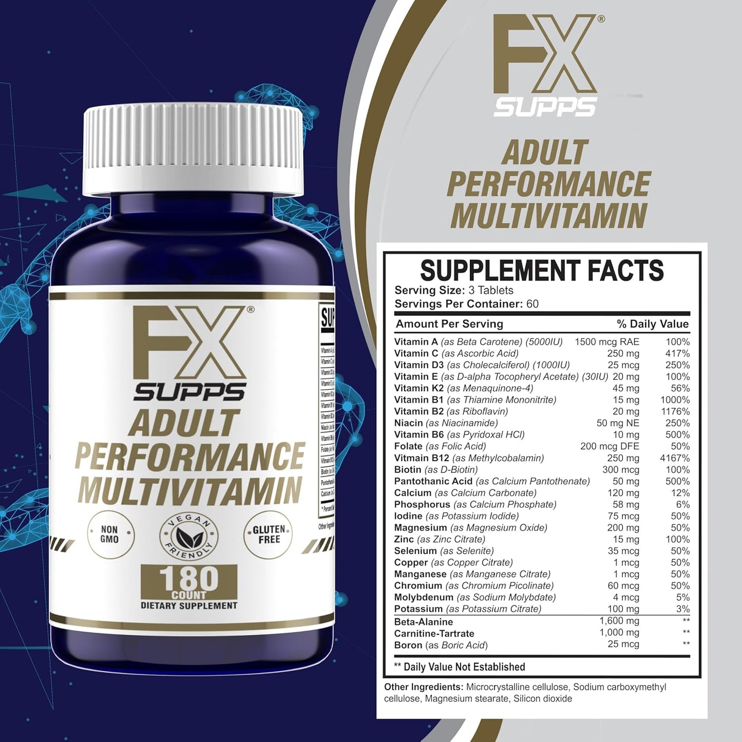 FXSUPPS Performance Multivitamin with Amino Acids, Beta-Alanine and L-Carnitine, Enhanced Performance and Recovery, 180 Tablets – Made in USA - görsel 2