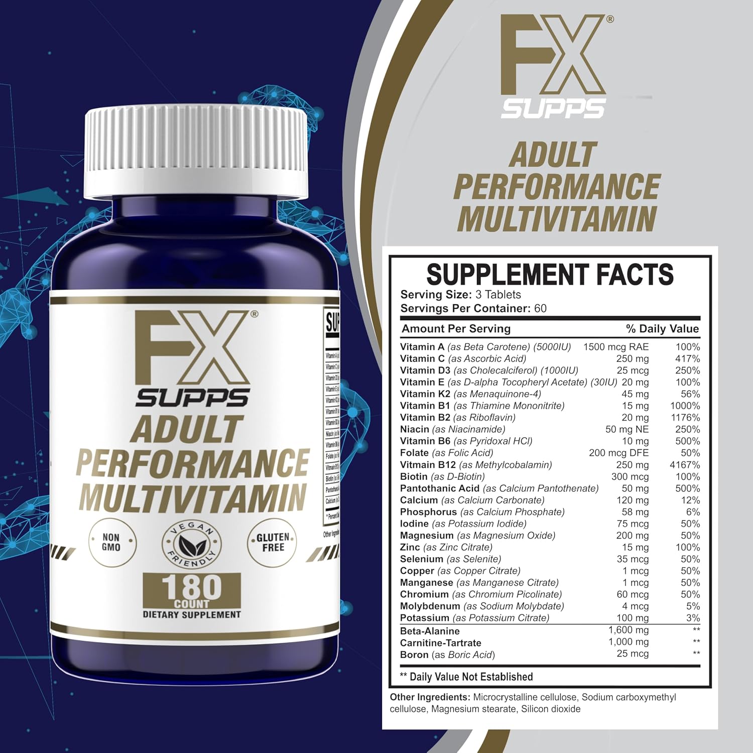 FXSUPPS Performance Multivitamin with Amino Acids, Beta-Alanine and L-Carnitine, Enhanced Performance and Recovery, 180 Tablets – Made in USA - görsel 2
