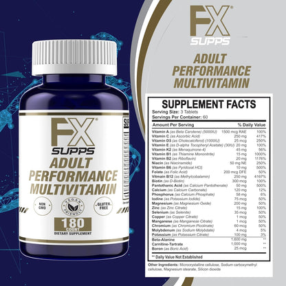 FXSUPPS Performance Multivitamin with Amino Acids, Beta-Alanine and L-Carnitine, Enhanced Performance and Recovery, 180 Tablets – Made in USA