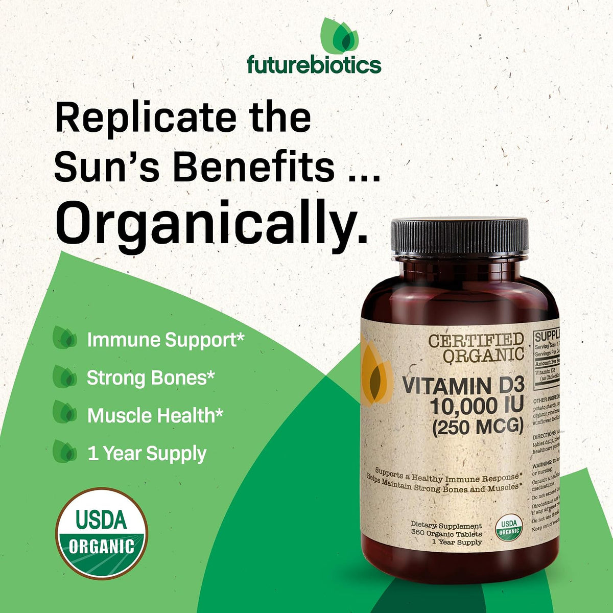 Futurebiotics Vitamin D3 10,000 IU (250 MCG) – 360 Organic Tablets - görsel 3