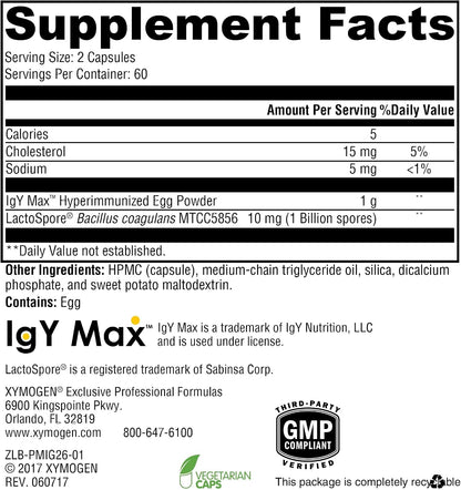 XYMOGEN ProbioMax IG 26 - Immunised Egg Powder & Bacillus Coagulans, 120 Capsules