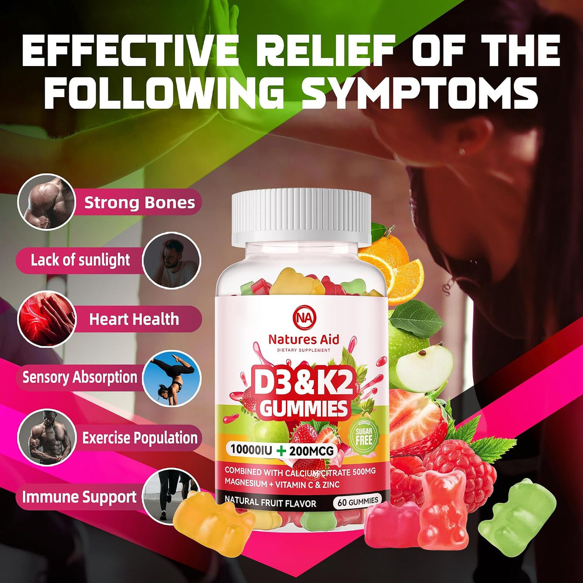 Natures Aid Sugar-Free Vitamin D3 K2 Gummies with Calcium, Magnesium, Vitamin C & Zinc, Extra Strength - 120 Gummies - görsel 3