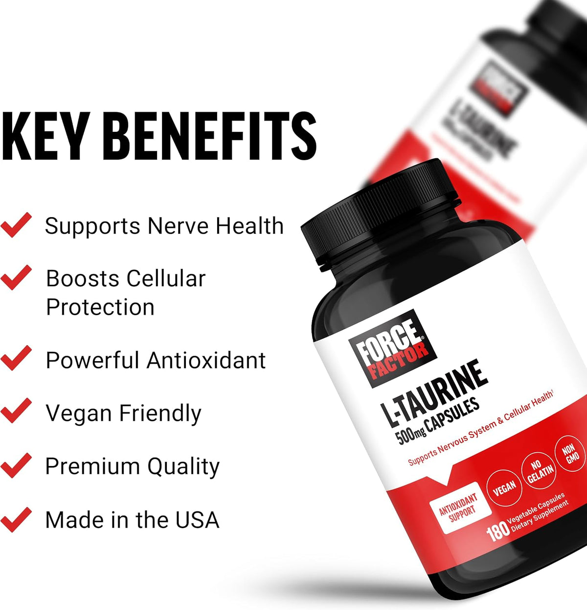 Force Factor Taurine Food Supplement, Taurine 500mg Capsules Antioxidant Food Supplement to Support Nervous System and Cellular Health, Vegan, No Gelatine, Non-GMO, 180 Vegetable Capsules - görsel 2