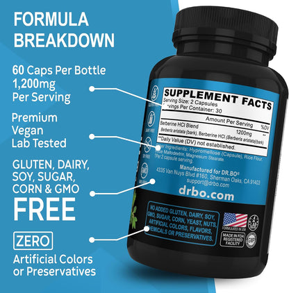 Berberine HCL 1200mg Capsules | Metabolic Support Supplement | DR. BO - 60 Vegan Capsules