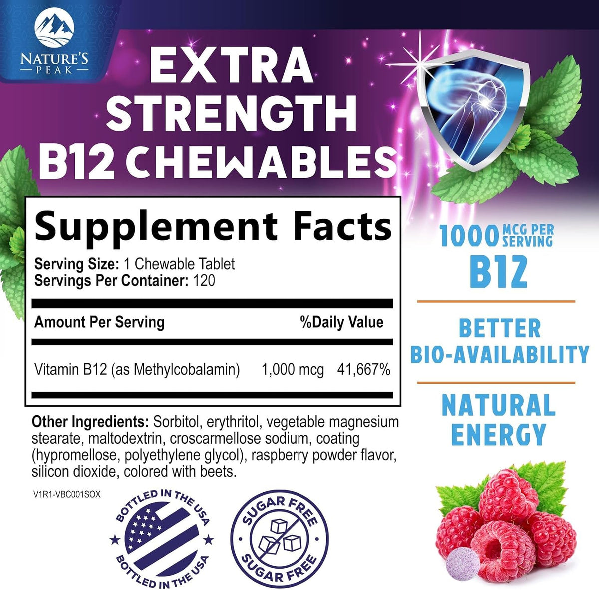 Vitamin B12 Complex (Methylcobalamin) 1000 mcg - Triple Strength B12 Supplement for Energy & Nervous System Support - Vegan, Sugar-Free, Berry Flavour - 120 Chewable Tablets - görsel 2