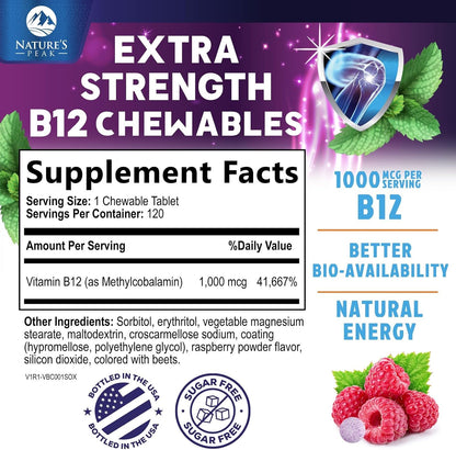 Vitamin B12 Complex (Methylcobalamin) 1000 mcg - Triple Strength B12 Supplement for Energy & Nervous System Support - Vegan, Sugar-Free, Berry Flavour - 120 Chewable Tablets