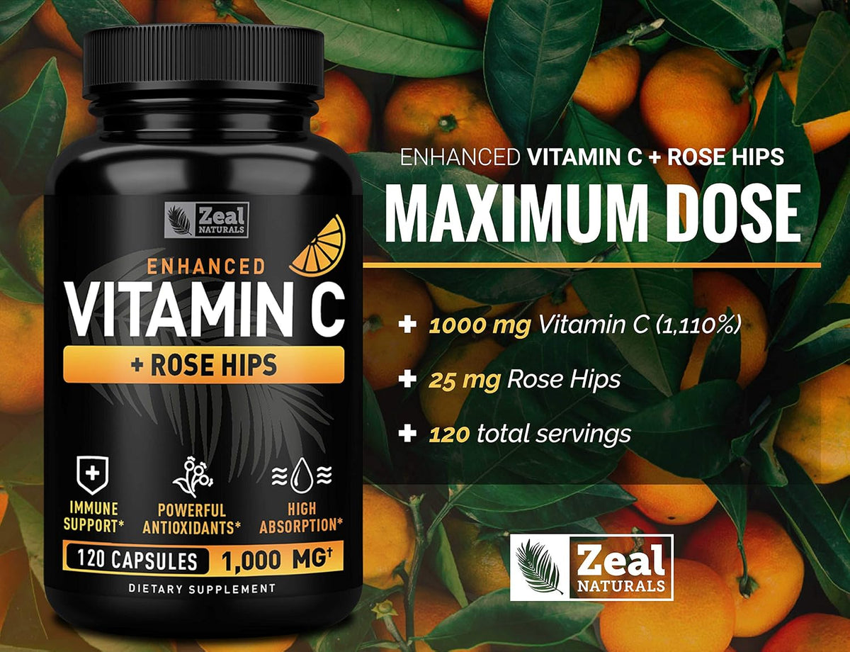 Vitamin C with Rose Hips 1000mg – Pure Ascorbic Acid Capsules for Immune Support - görsel 3