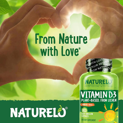 NATURELO Vitamin D - 5000 IU - Plant Based from Lichen - Natural D3 Supplement - Vegan - Non-GMO - Gluten-free - 180 Capsules