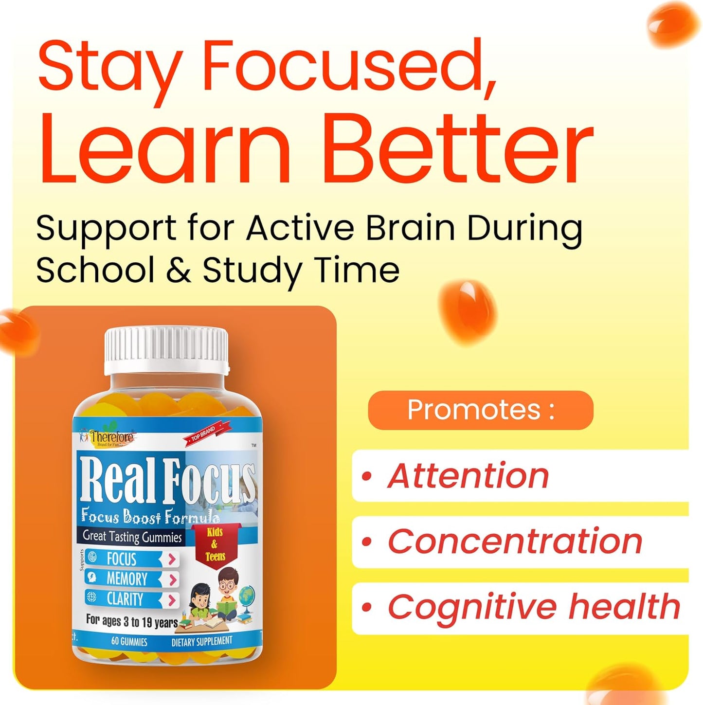 Real Focus Omega 3 for Kids – DHA Gummies for Attention, Memory & Concentration, Orange Flavour, Non-GMO (60 Count) - görsel 3