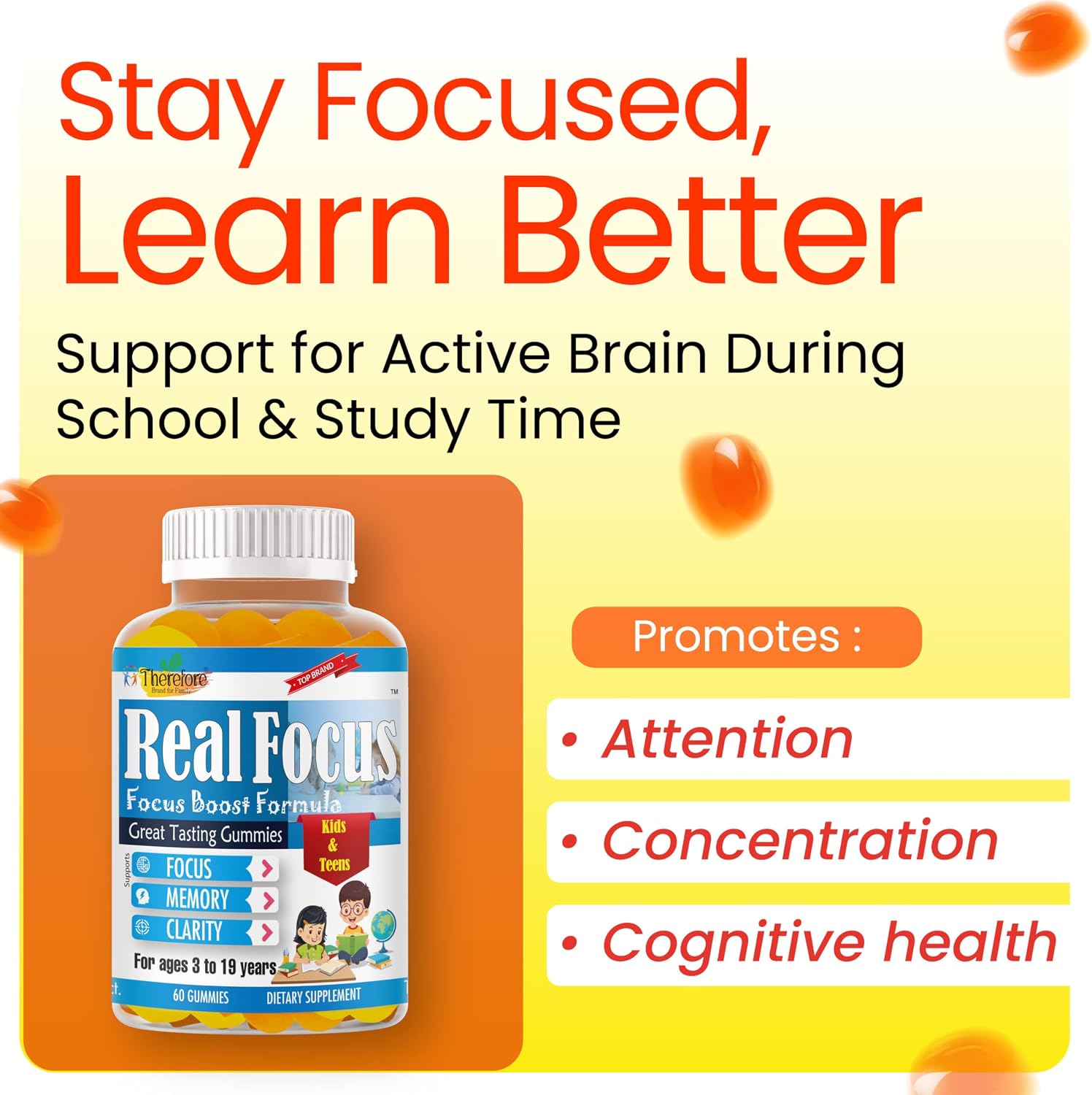 Real Focus Omega 3 for Kids – DHA Gummies for Attention, Memory & Concentration, Orange Flavour, Non-GMO (60 Count) - görsel 3