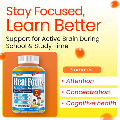 Real Focus Omega 3 for Kids – DHA Gummies for Attention, Memory & Concentration, Orange Flavour, Non-GMO (60 Count)