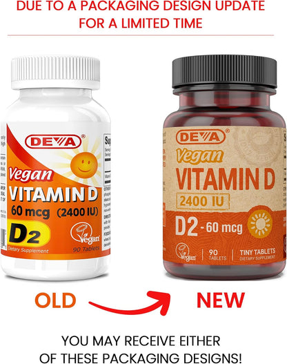 Deva Vegan Vitamin D2 60 µg (2400 IU) Ergocalciferol Supplement, 90 Tablets