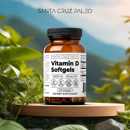 Santa Cruz Paleo Vitamin D3 5000 IU Softgels with Olive Oil, Supports Bone Health, Gluten-Free, Paleo, Keto - 60 Softgels