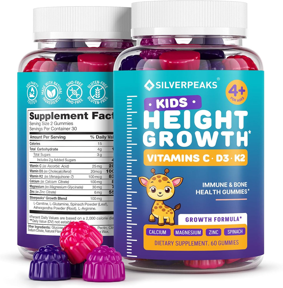 Height Growth Gummies for Children - Growth Vitamins for Teens, Height Increase Multivitamin with Calcium, Vitamin D3, K2, Magnesium, Zinc, 60 Count - görsel 1