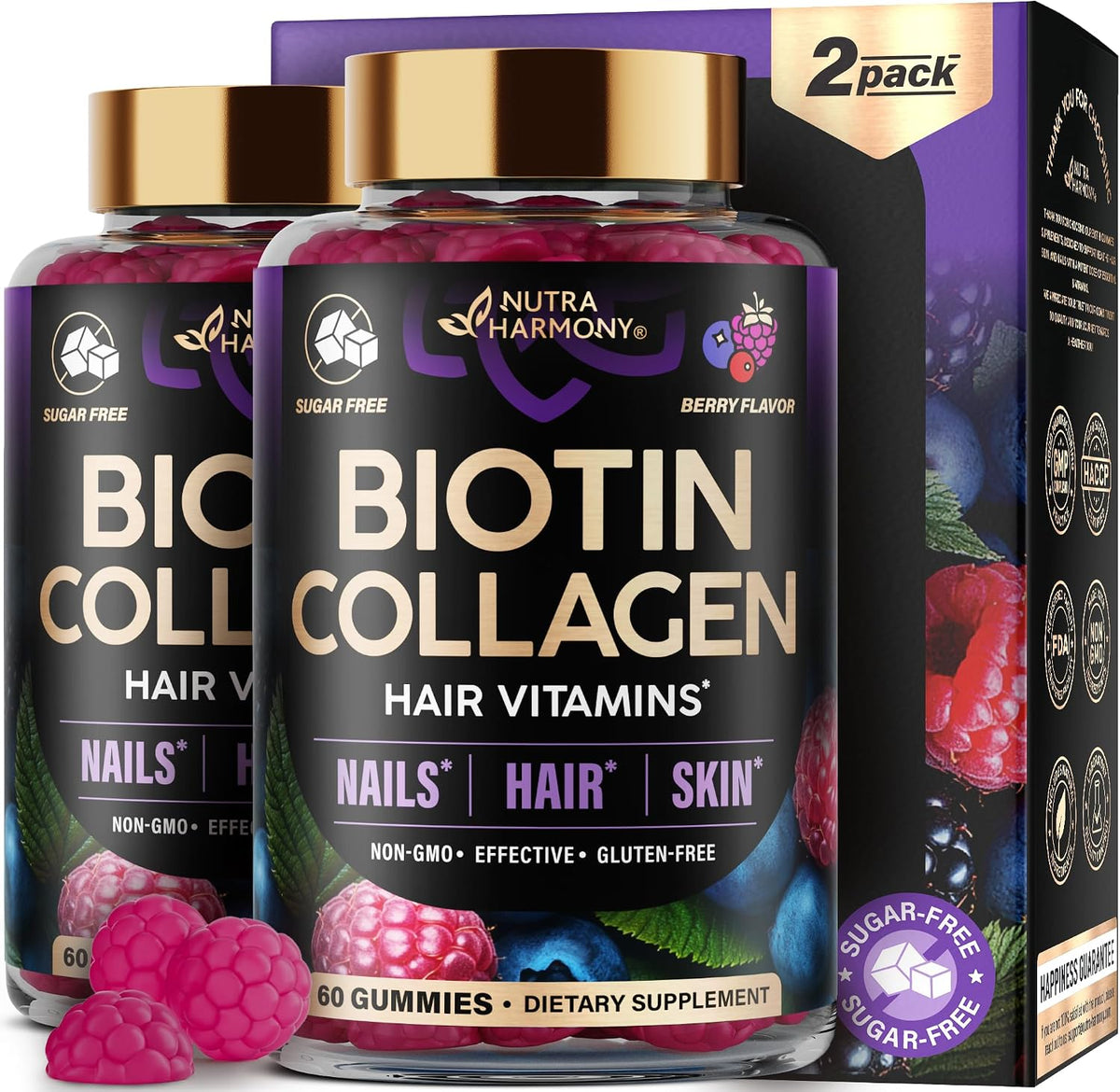 NUTRAHARMONY Biotin Gummies with Collagen - Hair, Skin and Nail Support - 10000mcg - Sugar-Free - Mixed Berry (2-Pack) - görsel 1