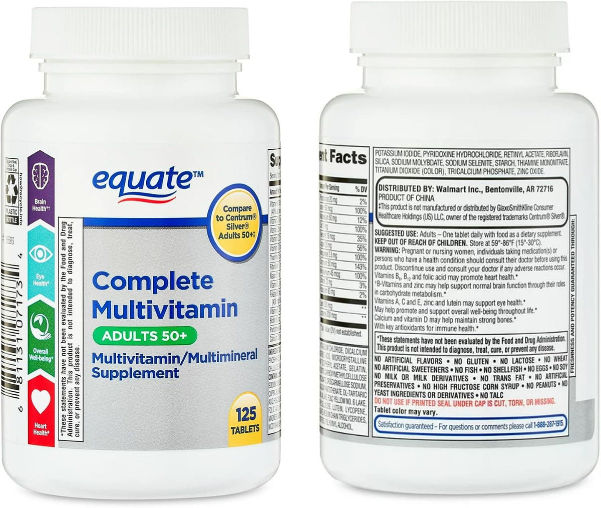 Equate Adult 50+ One Daily Complete Multivitamin and Multimineral Supplement Tablets, Healthy Brain*, 125 Tablets - görsel 4