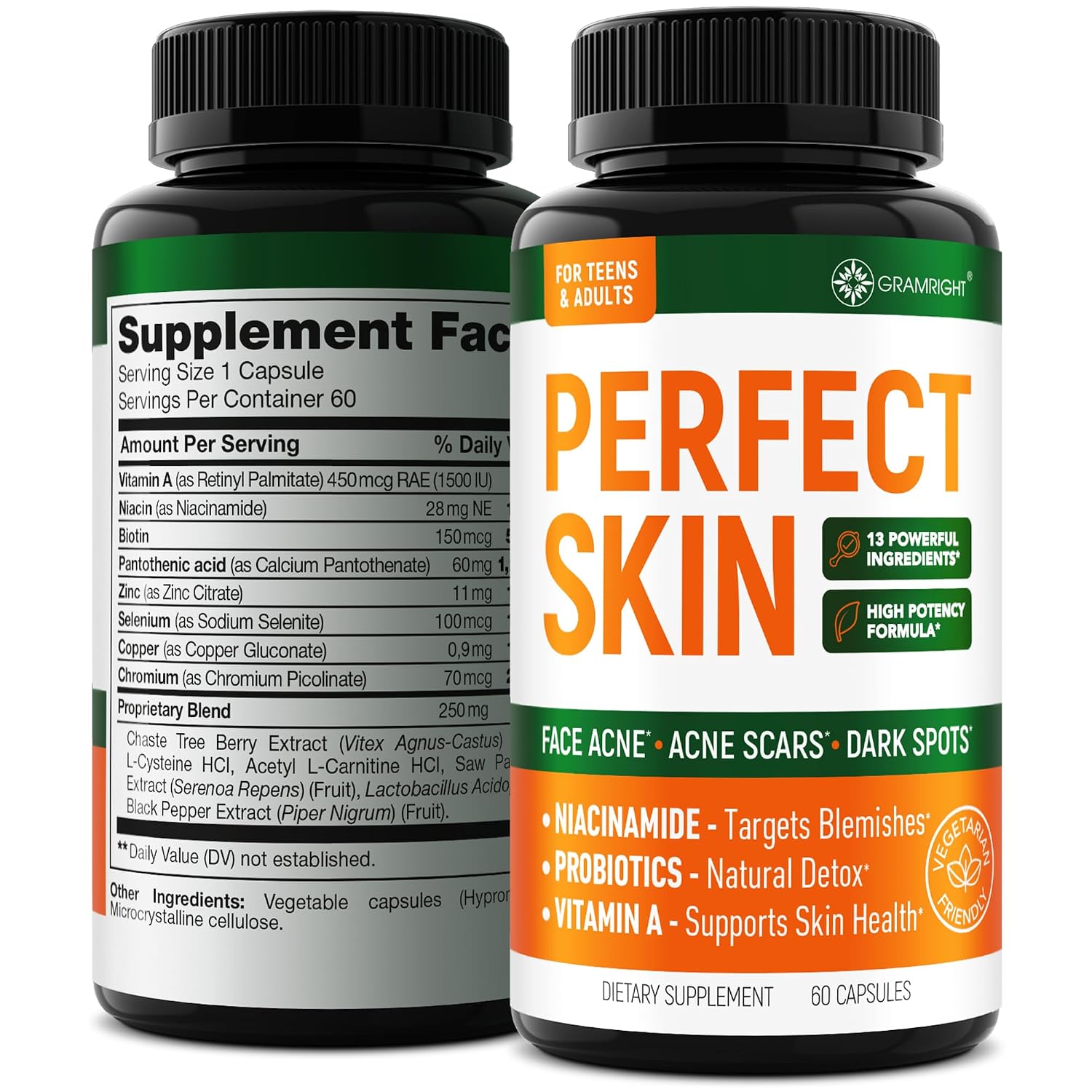 Perfect Skin Acne Capsules - Skin Support with Niacinamide, Probiotic, Zinc & Vitamin A (60 Capsules) - görsel 1