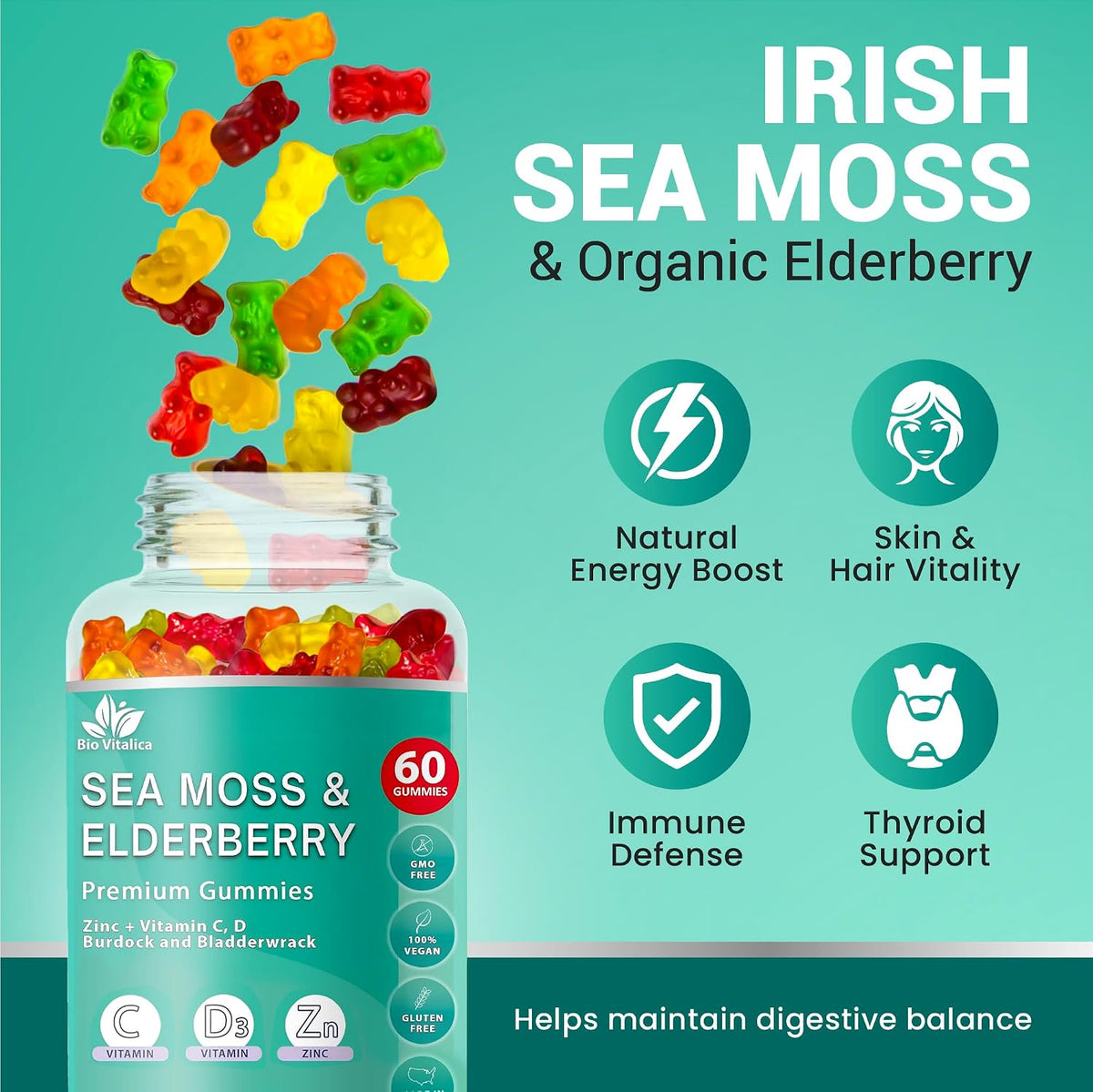 Irish Sea Moss Gummies with Elderberry – Immune Support Supplement with Vitamin C, D & Zinc – Vegan Gummies for Adults & Kids – 60 Count - görsel 4