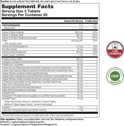 KAL Cell Defence Tablets - Mushroom Complex Supplement with Beta Carotene, Vitamins C, E, and B12 - Organic Reishi, Maitake, and Shiitake - Cellular Wellness for Adults - 60 Tablets