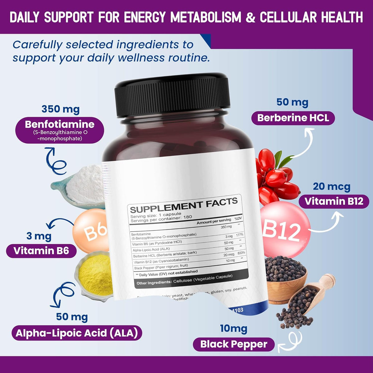 Benfotiamine (Fat-Soluble Vitamin B1) with Alpha-Lipoic Acid & Berberine – Advanced Formula – 180 Capsules - görsel 3