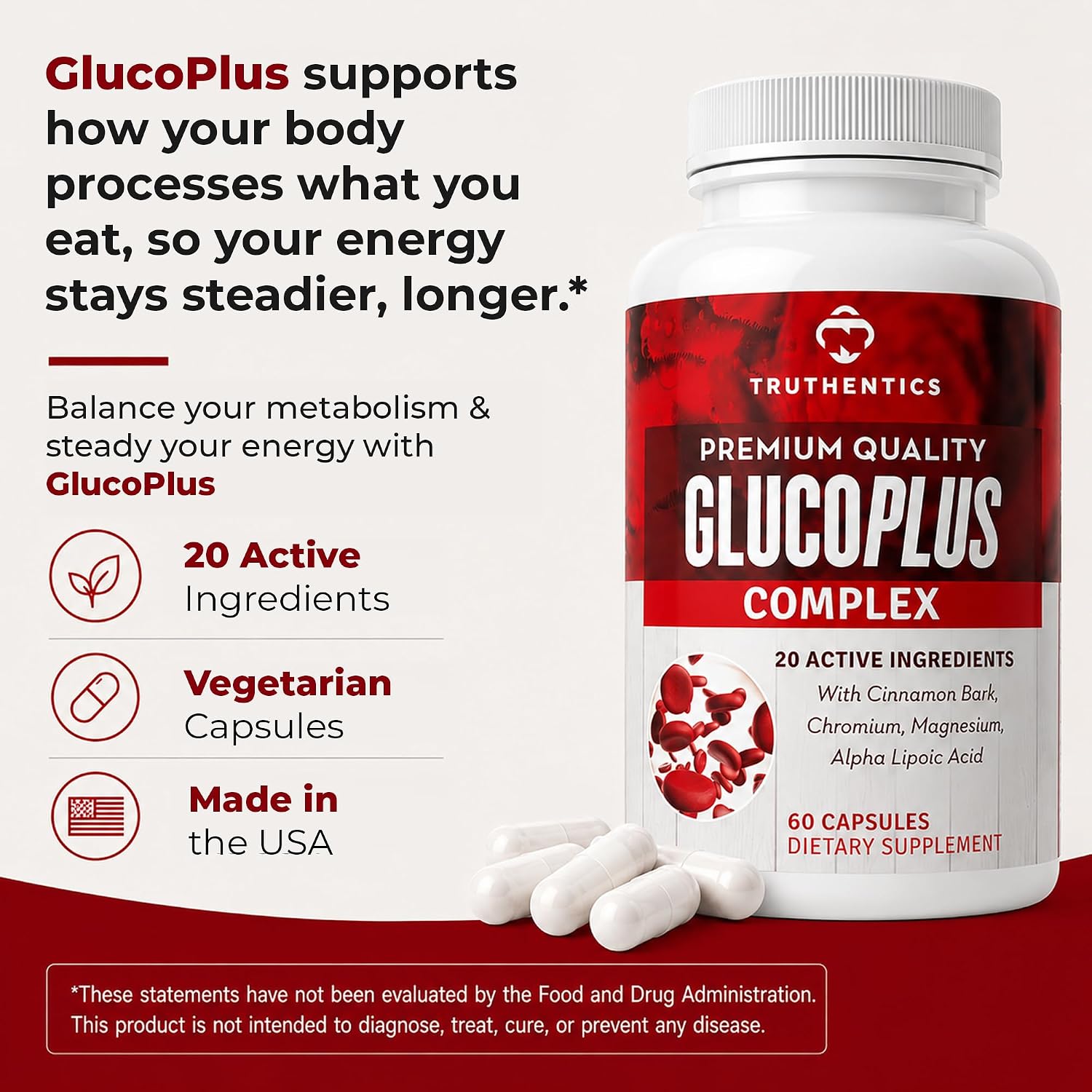 Truthentics GlucoPlus Metabolic Support - Cinnamon, Chromium, Gymnema, 60 Capsules - görsel 4