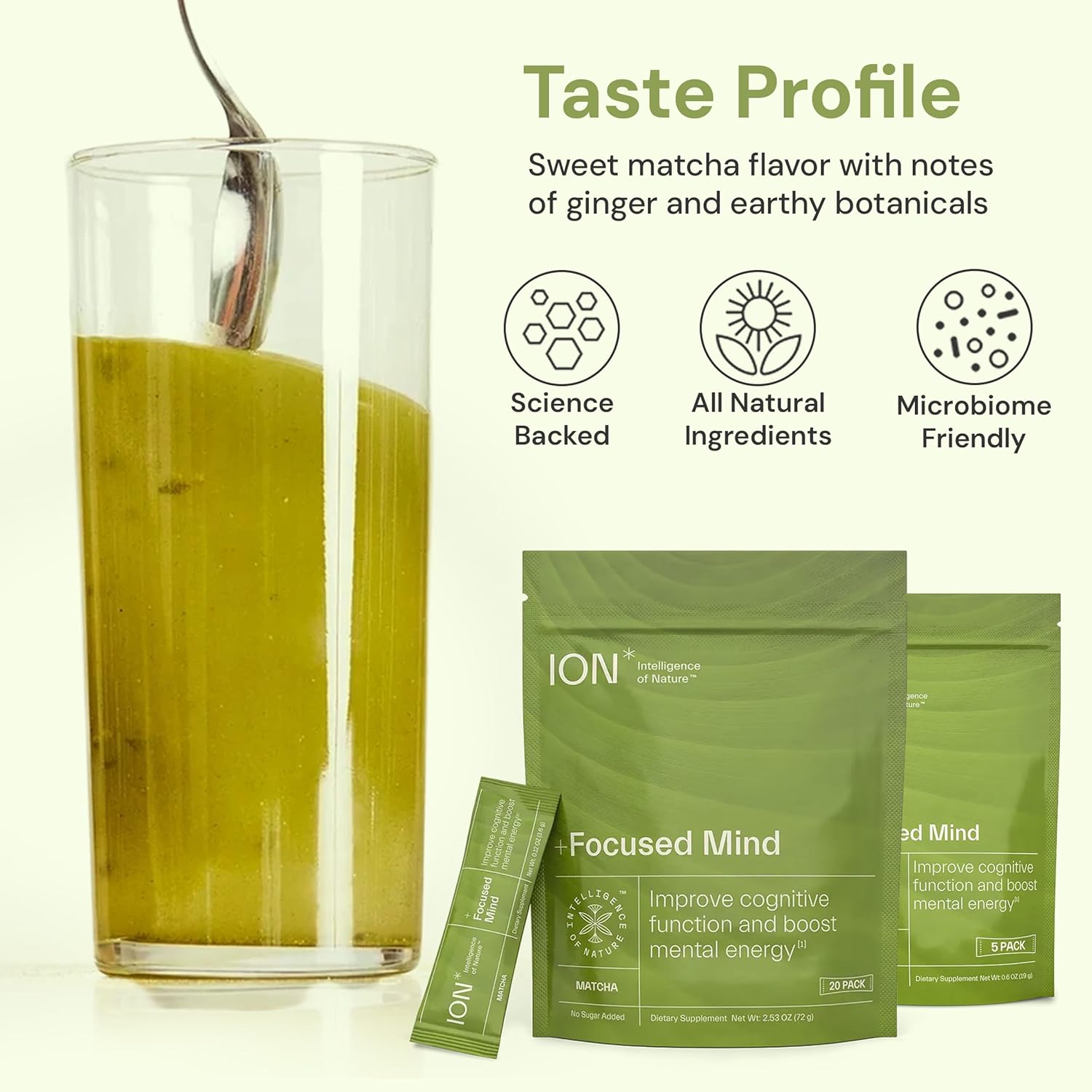 ION* Focused Mind Nootropic Powder Drink Mix - Matcha & Adaptogen Blend for Memory, Focus & Relaxation - 20 Sachets - görsel 6